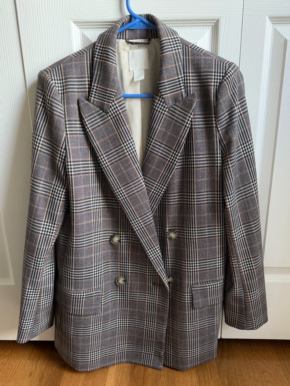 H&M Brown Plaid Double-Breasted Blazer